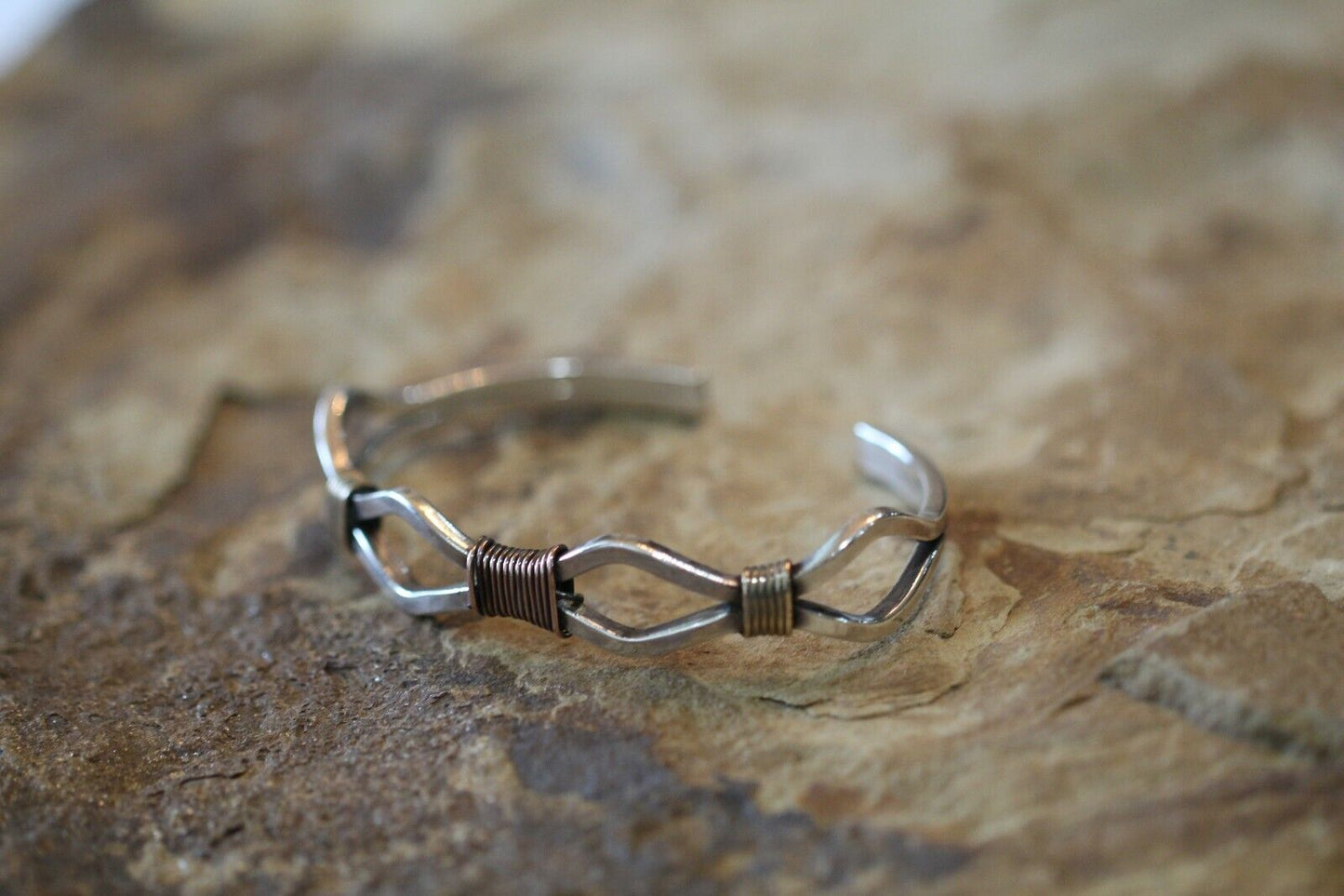 *VINTAGE*  Sterling Silver and Copper Wire Trim Cuff Bracelet Made By "IS"