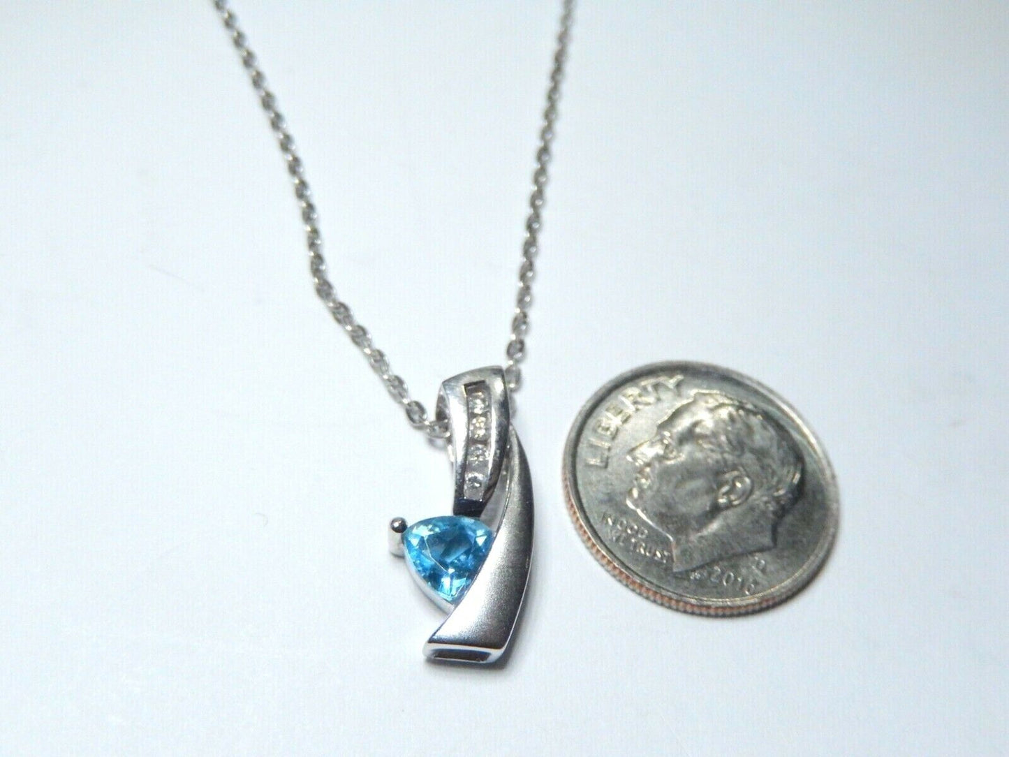 *NWT* 10K White Gold Triangle Blue Topaz and Diamond Slide Pendant w/18" Chain