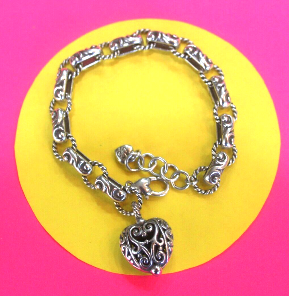 BRIGHTON SILVER TONE FERRARA SCROLL LINK FILIGREE HEAVY HEART CHARM BRACELET