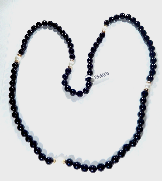 14 KT Gold Beads & 8.0 mm Pearl and 8.0mm Black Onyx Beaded 28" Necklace