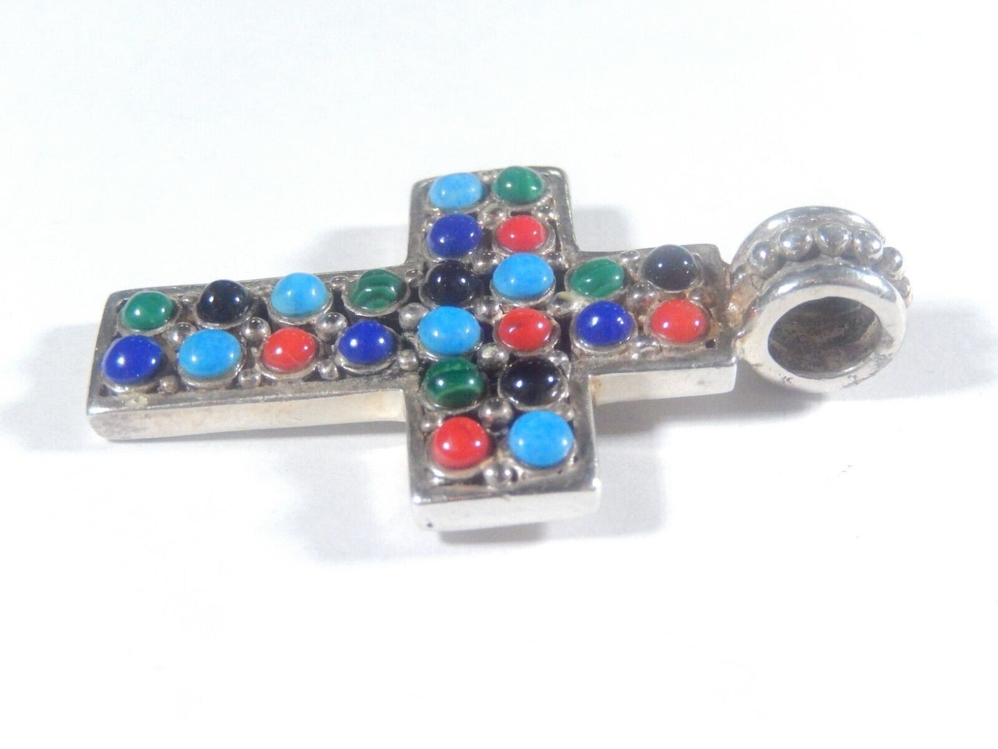 *VINTAGE*   STERLING SILVER MULTI STONE CROSS PENDANT - SIGNED  925