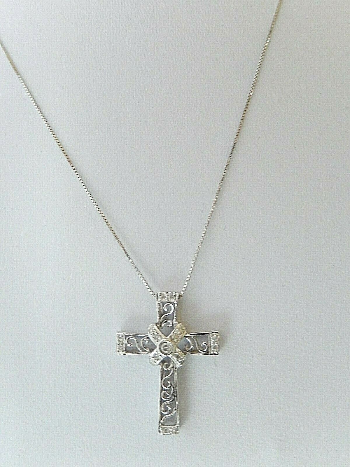 10K White Gold 17 Natural Diamond Religious Cross Pendant Necklace w/18" Chain