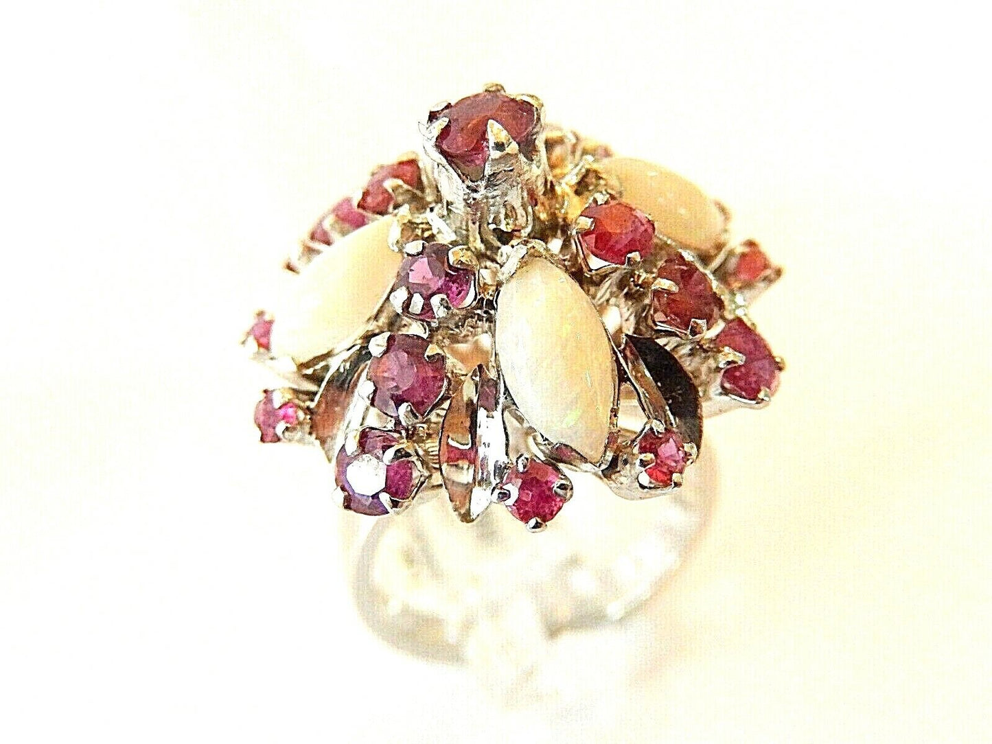 *Vintage* 12k White Gold Natural Opal & Ruby Harem Ballerina Ring size 6.5