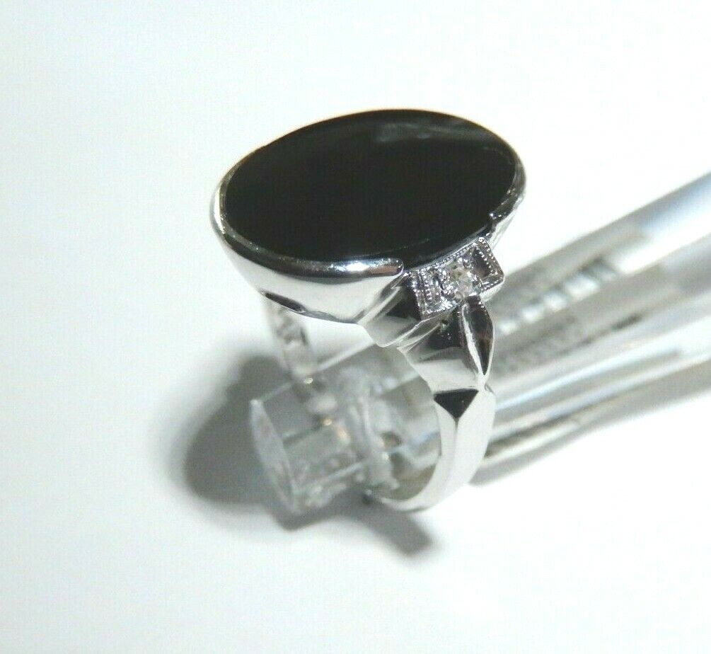 *VINTAGE* 14k White Gold Large 5.00 CT Oval Black Onyx & Diamond Ring Size 6.25