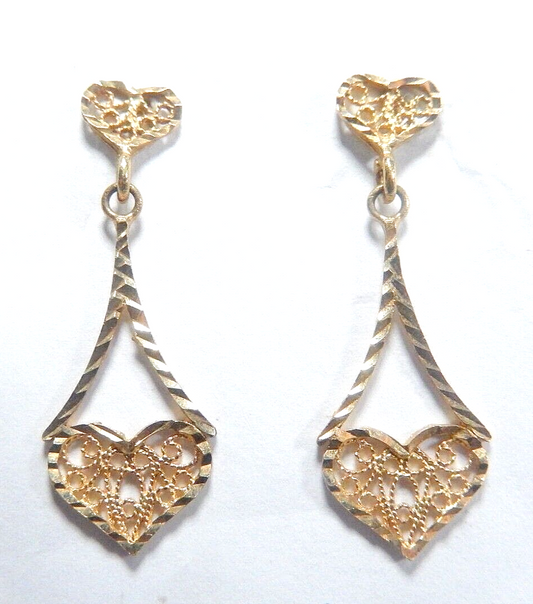 *VINTAGE*  14K Yellow Gold Filigree  Dangle Earrings 30x10mm