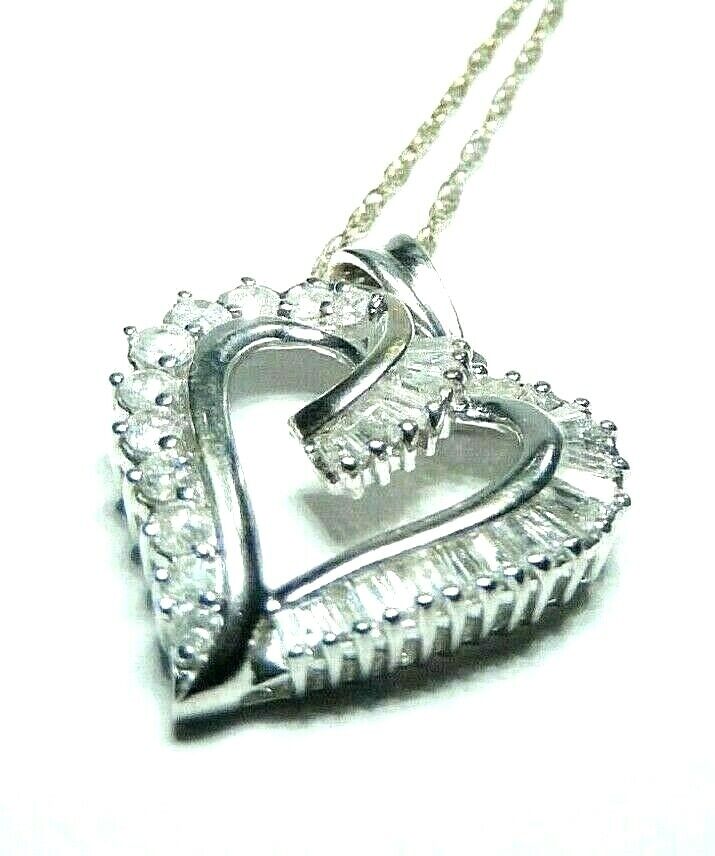 *VINTAGE*10K White Gold 1.00CT Baguette & Round Diamond Heart Pendant w/18"Chain