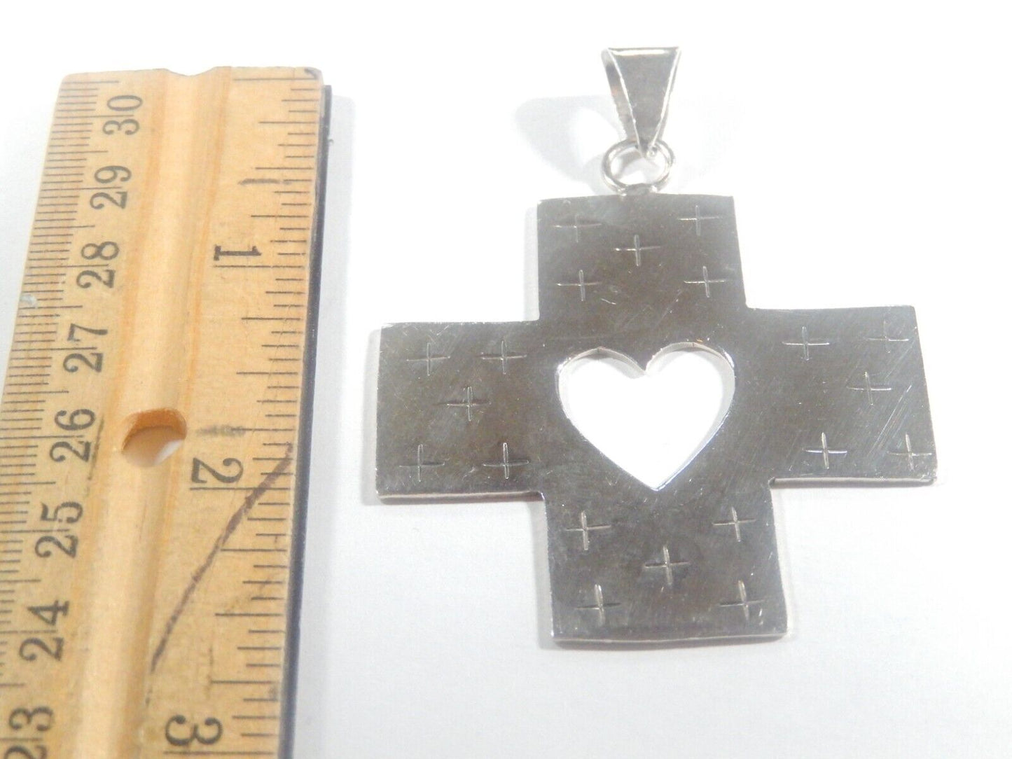 *VINTAGE*  Mexico  925 Sterling Silver Large Heart Cross Pendant