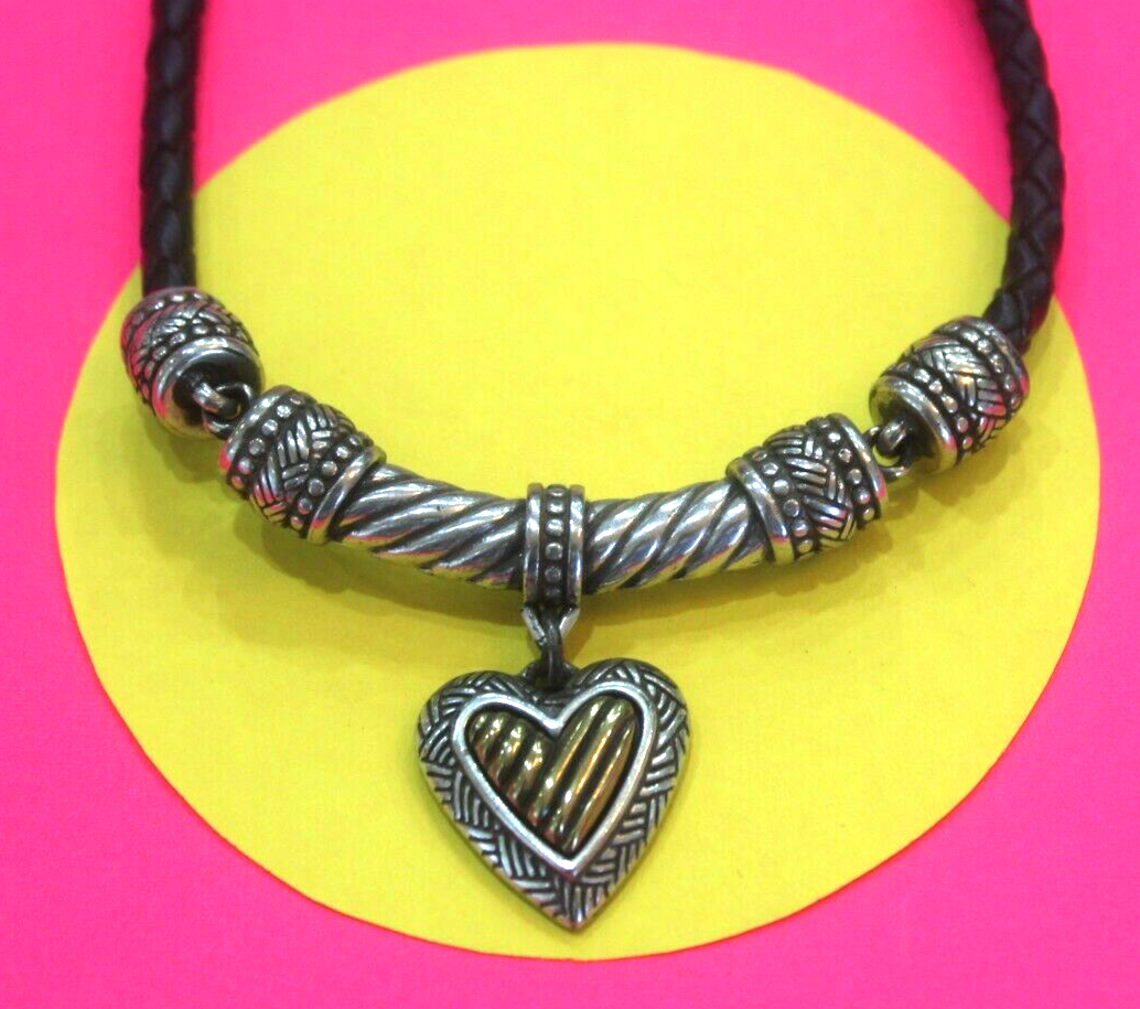 RETIRED Brighton Black Braided Leather Cord Heart Pendant Statement Necklace