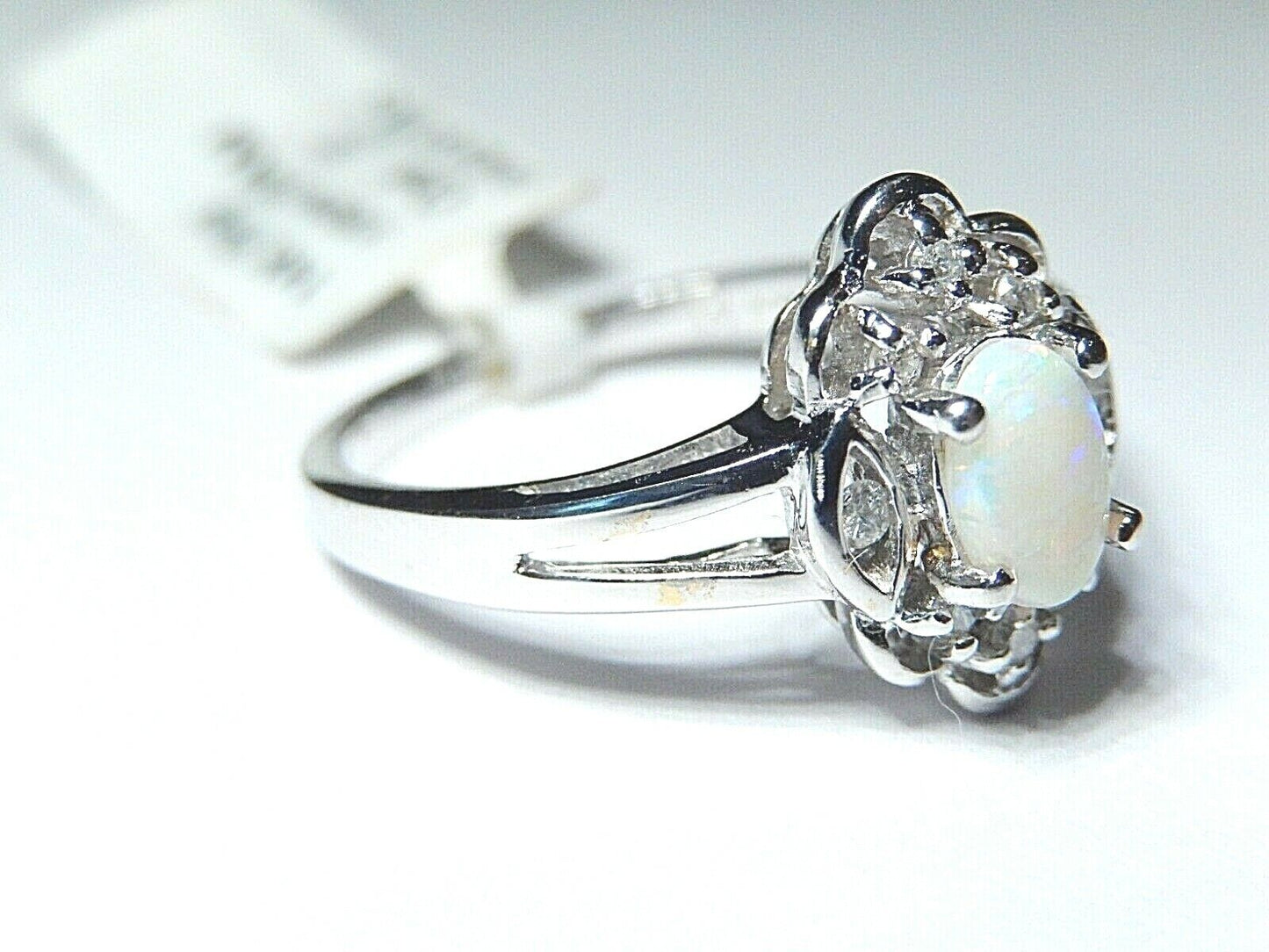 *NWT* 14K White Oval Opal &  Halo Diamond Ladies Ring Size 6.5