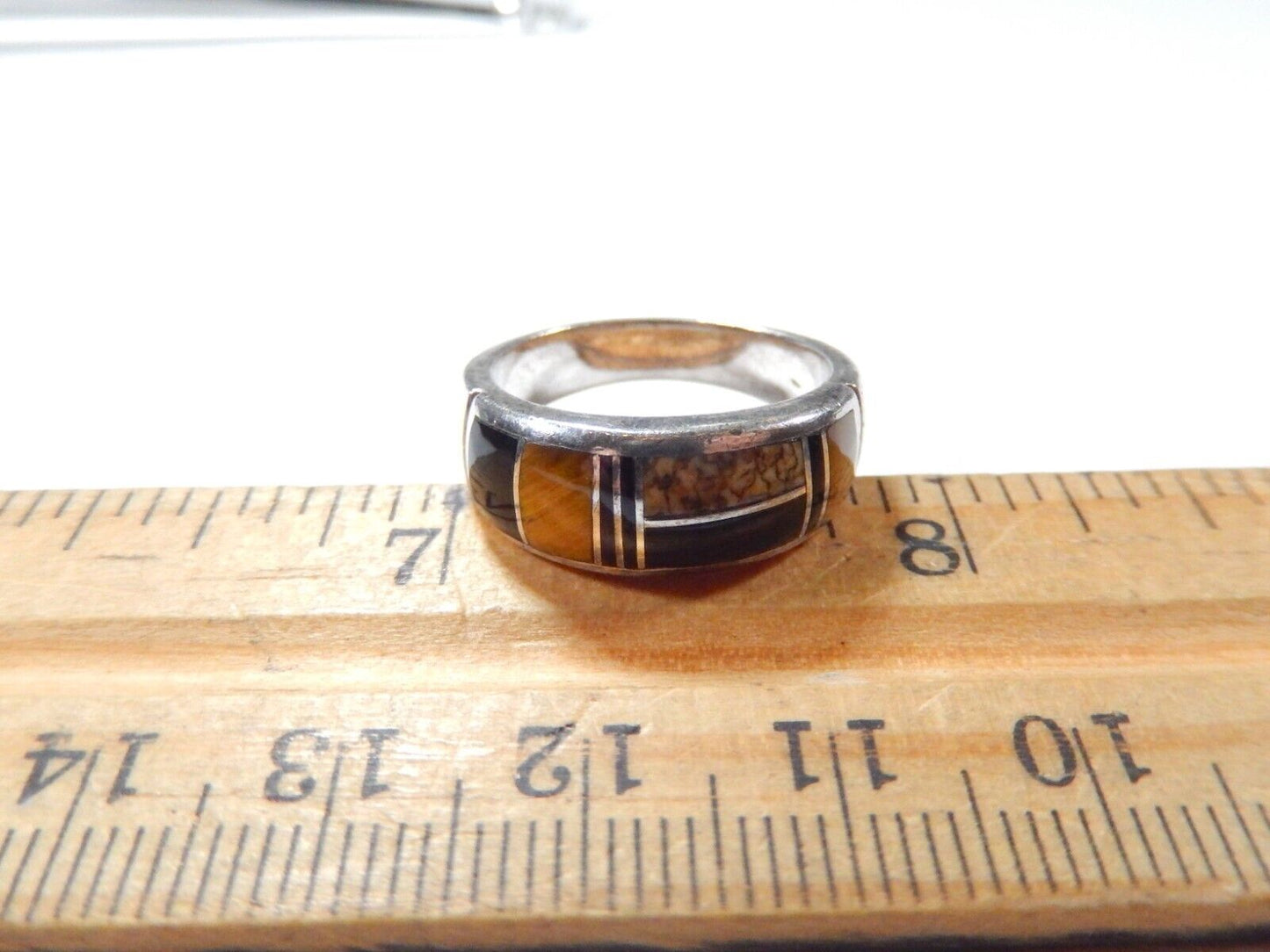 *VINTAGE*  Signed Navajo Inlay Multi Stone Sterling Silver Band Ring Size 6.75