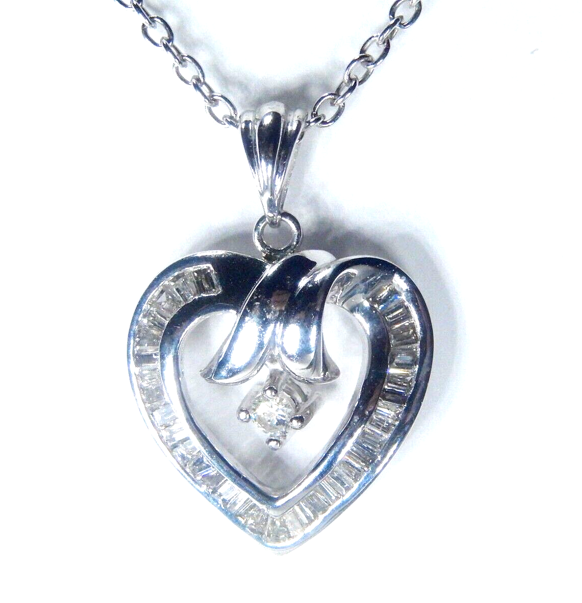 10K White Gold .75CT Baguette & Dangle Natural Diamond Heart Pendant w/18" chain