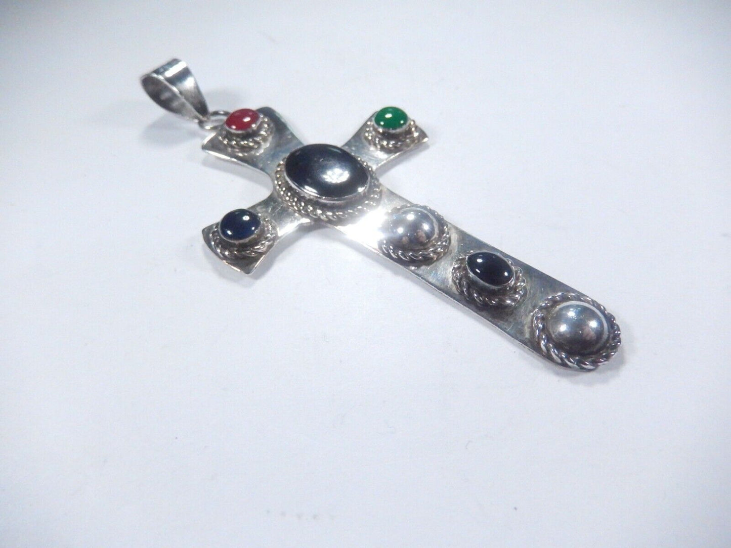 *VINTAGE*  Large Sterling Taxco Mexico Multi Gemstone Cross Pendant 3.5" Tall