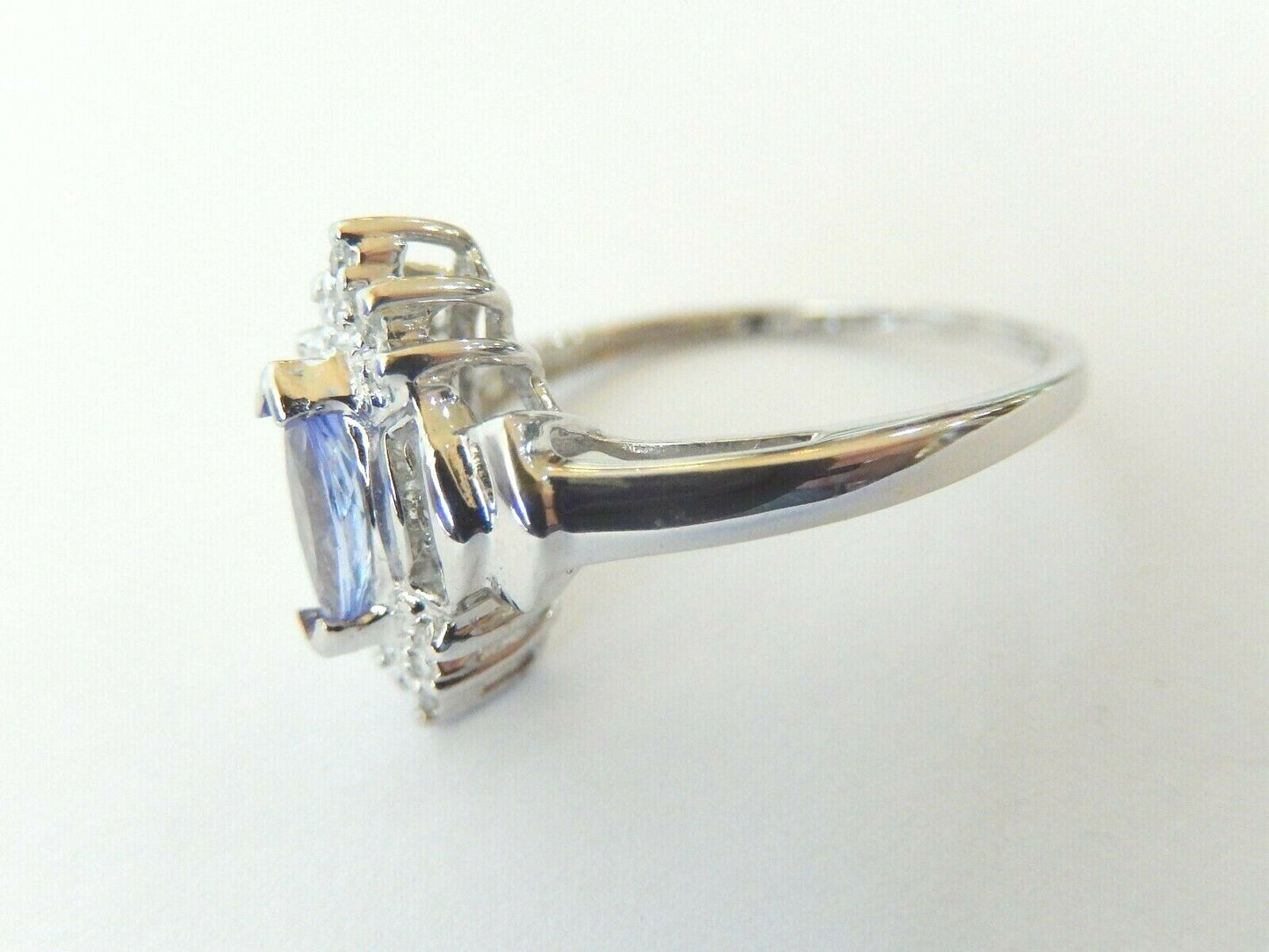 10k White Gold Marquise Tanzanite & Diamond Halo Style Ring  Size 7.5