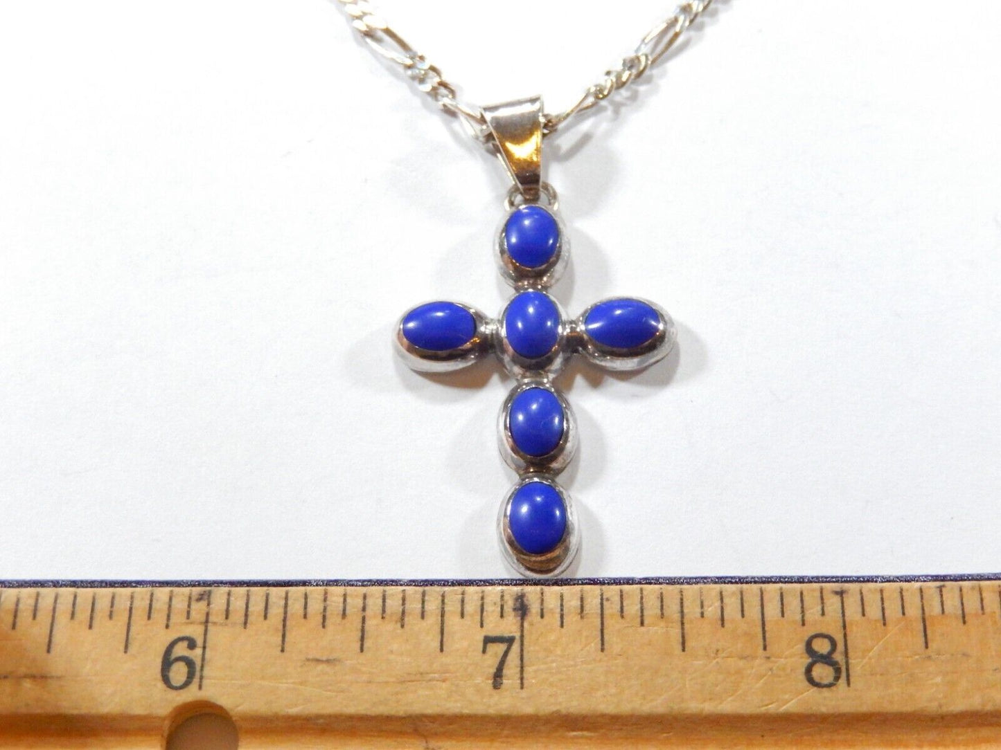 ~VINTAGE~  950 Sterling Taxco Lapis Lazuli Cross Pendant on 18" Figaro 925 Chain