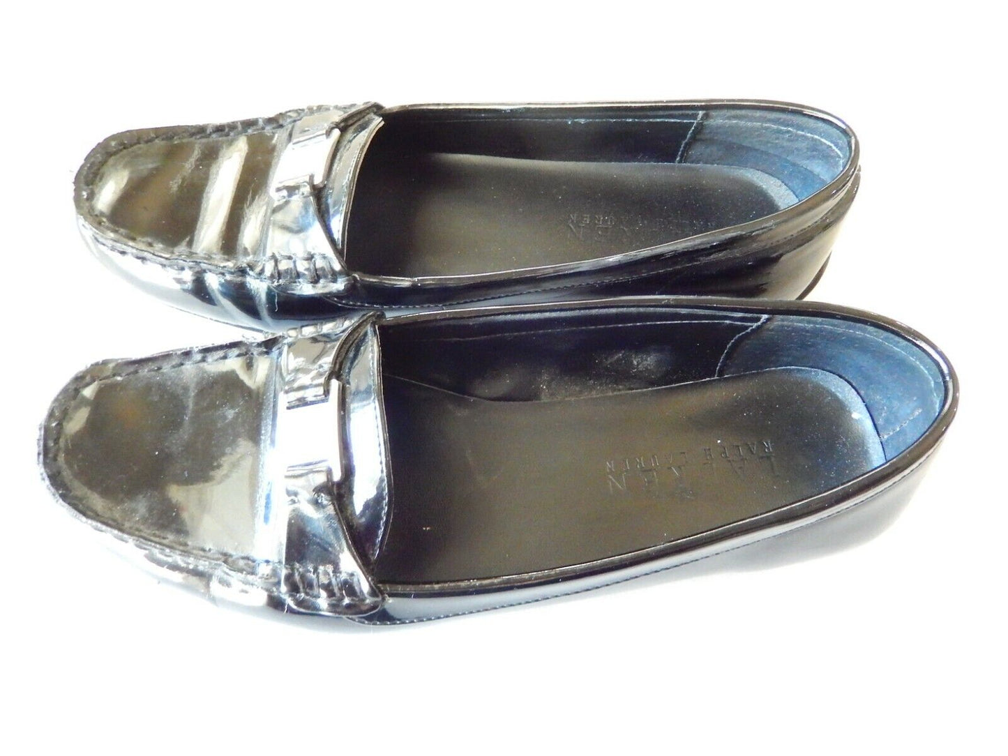 LAUREN RALPH LAUREN Women's 8M Loafers Black Patent Leather Silver Buckle Logo