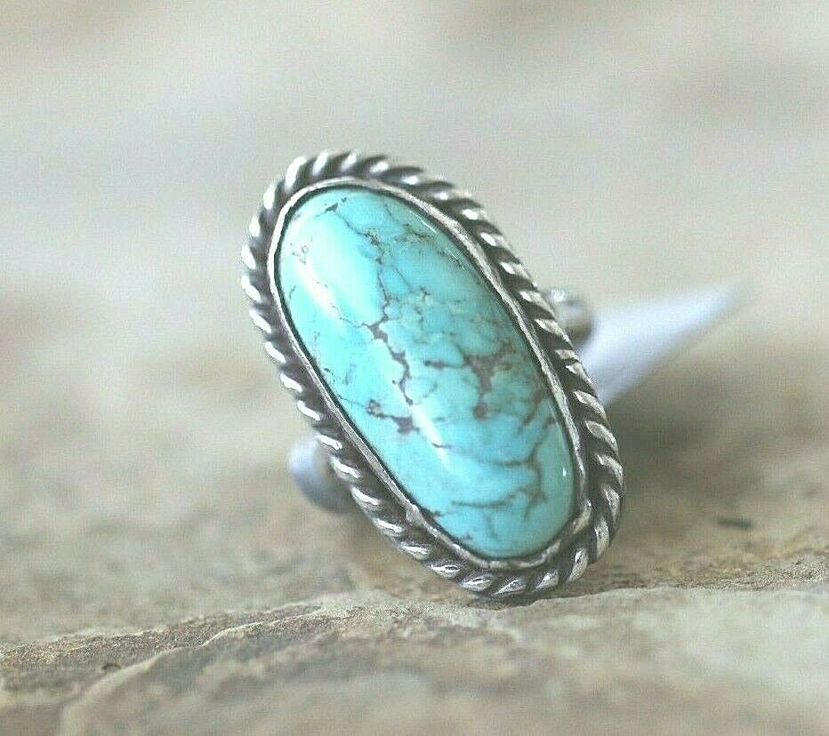 *VINTAGE* Handmade Native American Green Turquoise Sterling Silver Ring Size 3.5