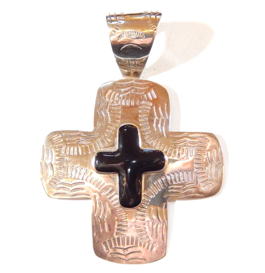 VINTAGE* LARGE 3 7/8" Tall Hand Stamped Sterling Silver Black Onyx Cross Pendant