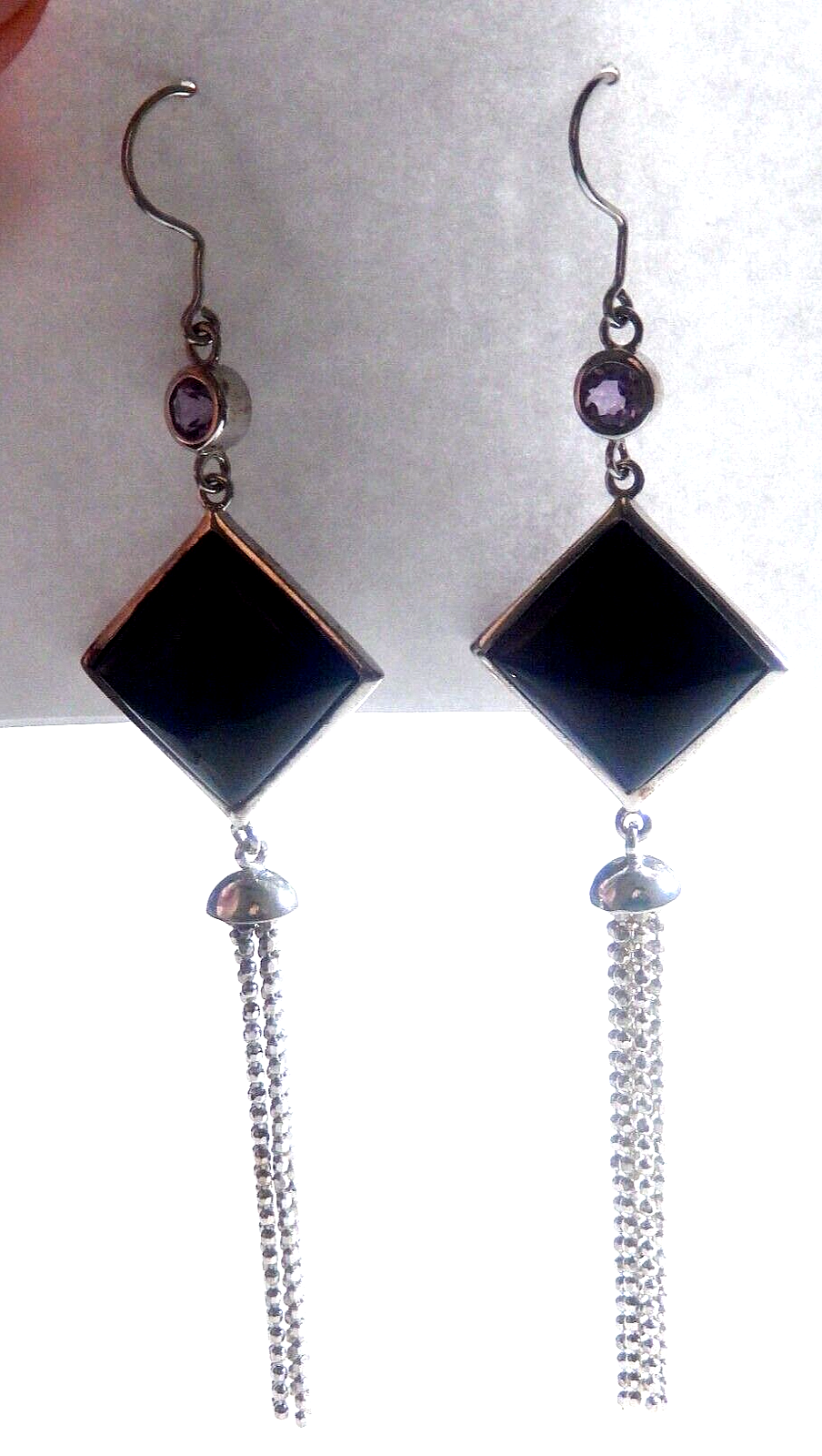 *VINTAGE* Sterling Silver ART DECO Long Black Onyx & Amethyst Dangle Earrings