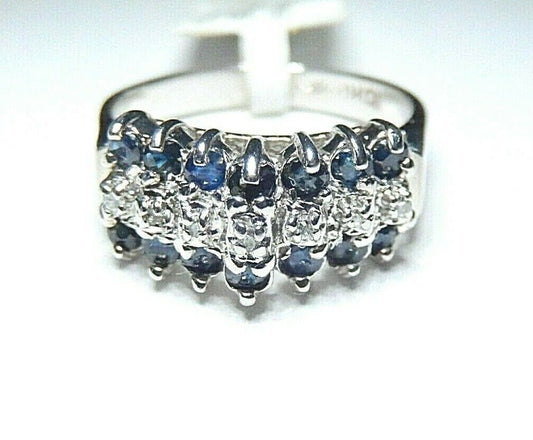 *NWT*  10K White Gold .33CT Ladies 3 Row Pyramid Sapphire & Diamond Ring Sz 6.75