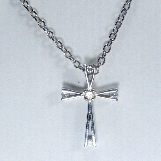 *VINTAGE"  10k White Gold 5 Natural Diamond Cross Pendant w/18" chain