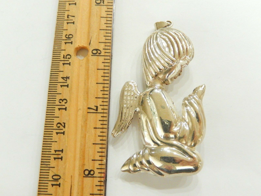*RARE* VINTAGE XTRA LARGE  Sterling Silver 3D Puffy Praying Angel Pendant 2.75"