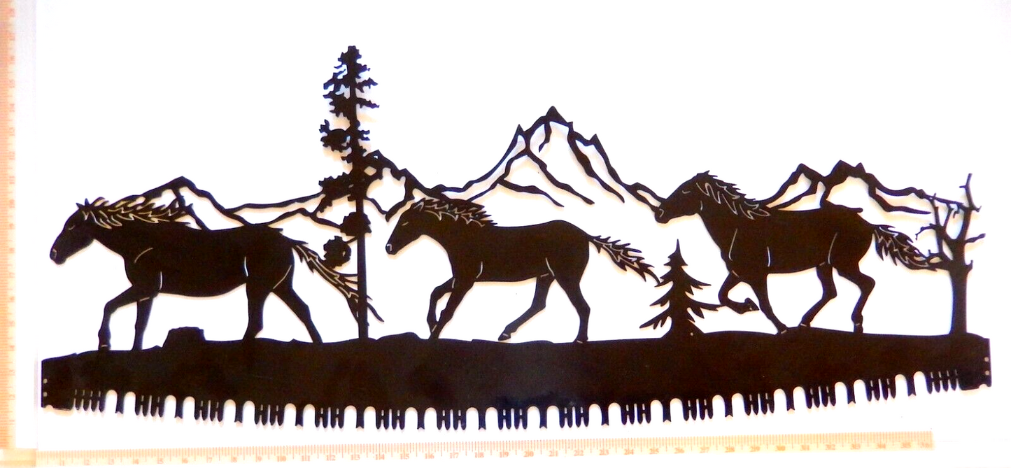 NEW~EXTRA LARGE 14ga."RUNNING HORSES IN FOREST SAWBLADE" Metal Wall Art35.5"x12"