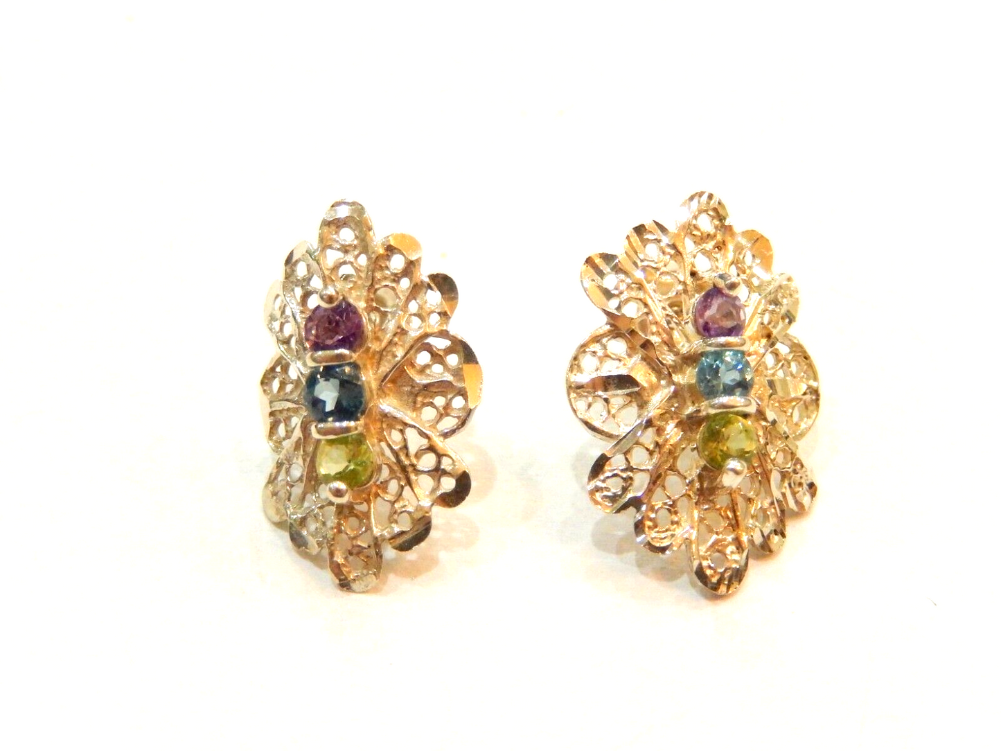 FILIGREE   STERLING SILVER  DIAMOND CUT GEMSTONE POST EARRINGS