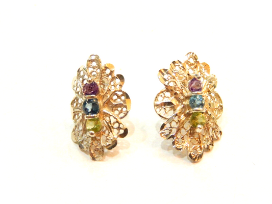 FILIGREE   STERLING SILVER  DIAMOND CUT GEMSTONE POST EARRINGS