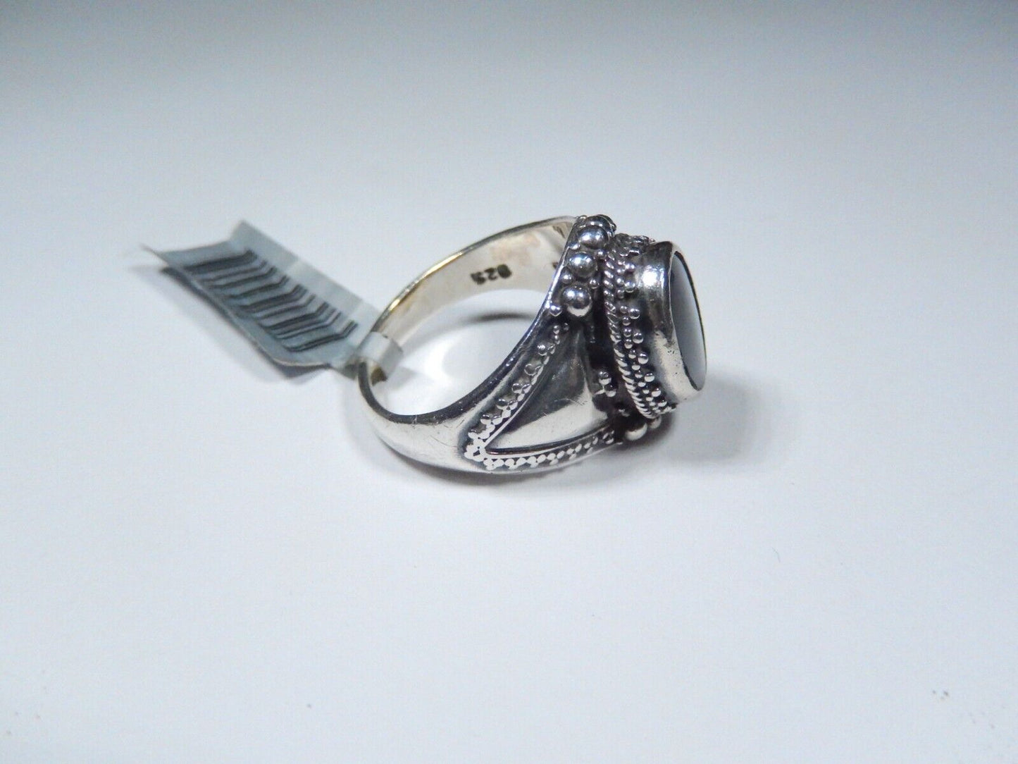 925 Sterling Silver Vintage Real Black Onyx Gem Oval Beaded Ring Size 7.25