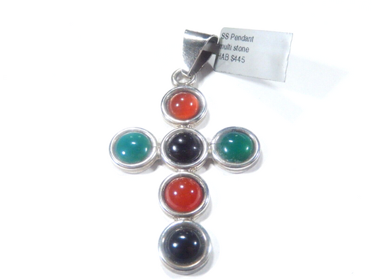 *VINTAGE*  LARGE NVC Multi Color Stone Cross Mexico Sterling Silver 925  Pendant