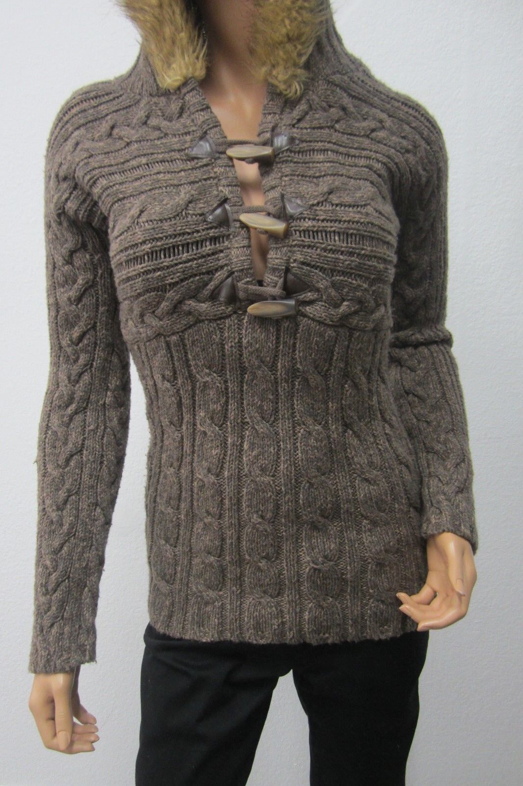 *MINT* Old Navy Brown Women Knit Sweater Jacket Hoodie With Faux Fur Sz Large