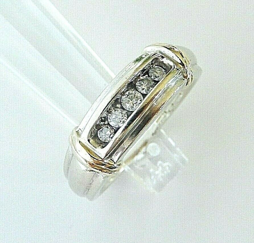 HEAVY 14k Two Tone Gold 5 Natural Diamond Mens Wedding Band Ring 0.25 Ct