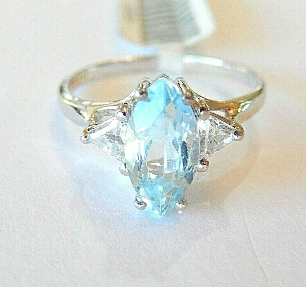 *NWT* 10K White Gold 1.00ct Marquise Blue Topaz & White Topaz Solitaire Ring 6.5