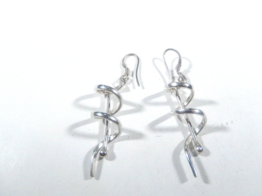 *VINTAGE*  925 Sterling Silver Spiral Dangle Drop French-hook Earrings 2" Tall