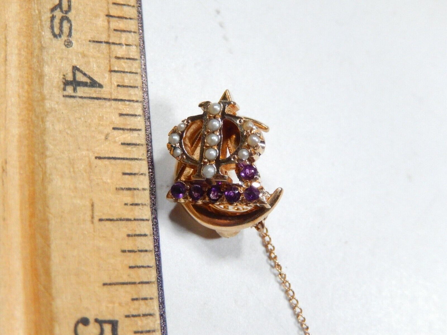 Vintage 10K Solid Yellow Gold Amethyst & Seed Pearls Sorority Pin Brooch
