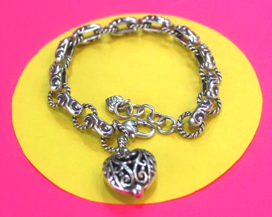 BRIGHTON SILVER TONE FERRARA SCROLL LINK FILIGREE HEAVY HEART CHARM BRACELET