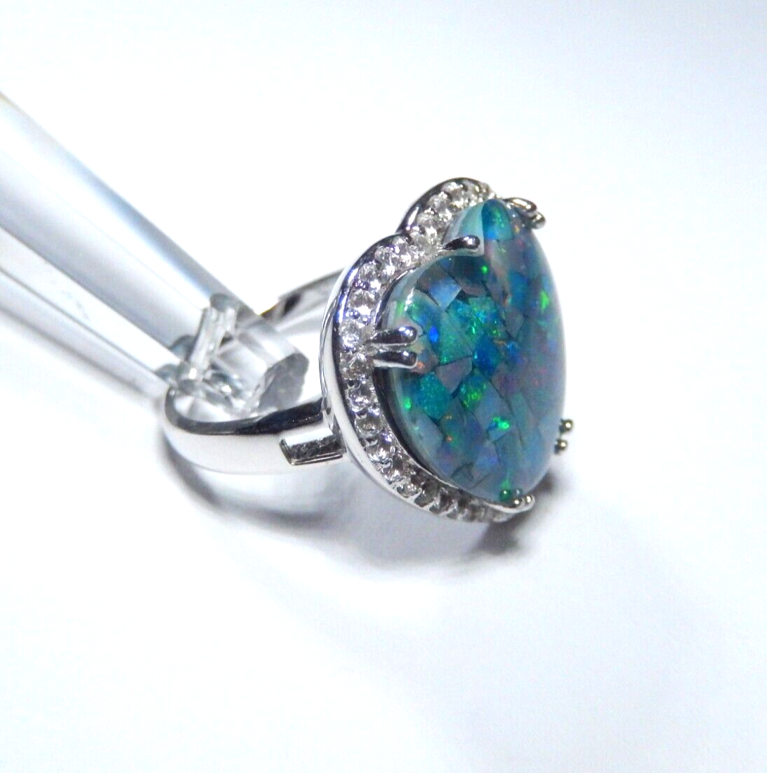 LARGE Blue  Opal Inlay and cz  Heart Ring Sterling Silver 925, size 8