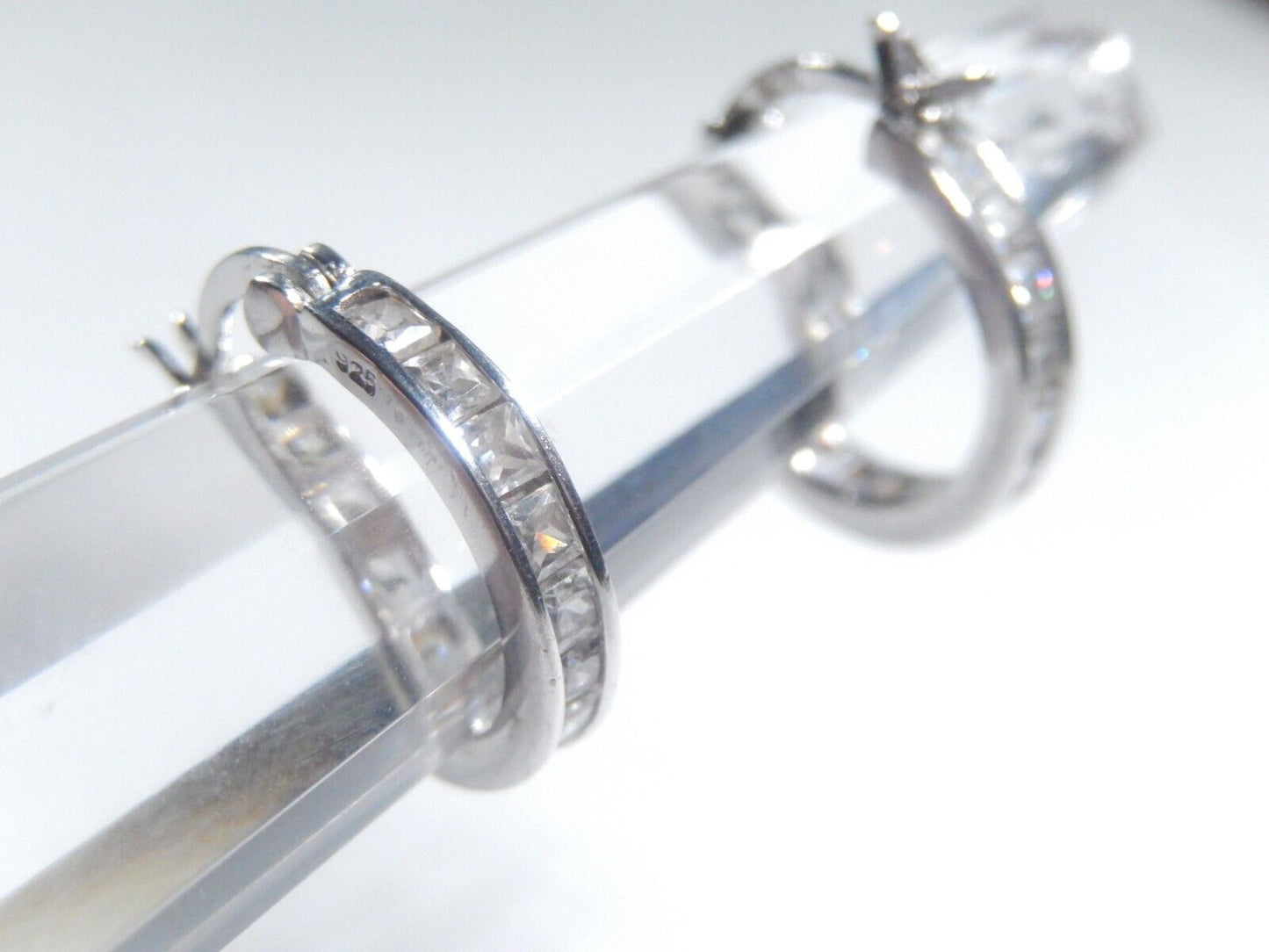 *VINTAGE*  925 Sterling Silver 2.00 CT CZ Princess Cut 16mm Hoop Earrings