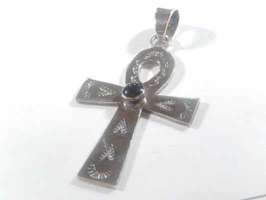 *VINTAGE*  LARGE  Mexico Taxco .925 Sterling Silver Black Onyx Cross Pendant