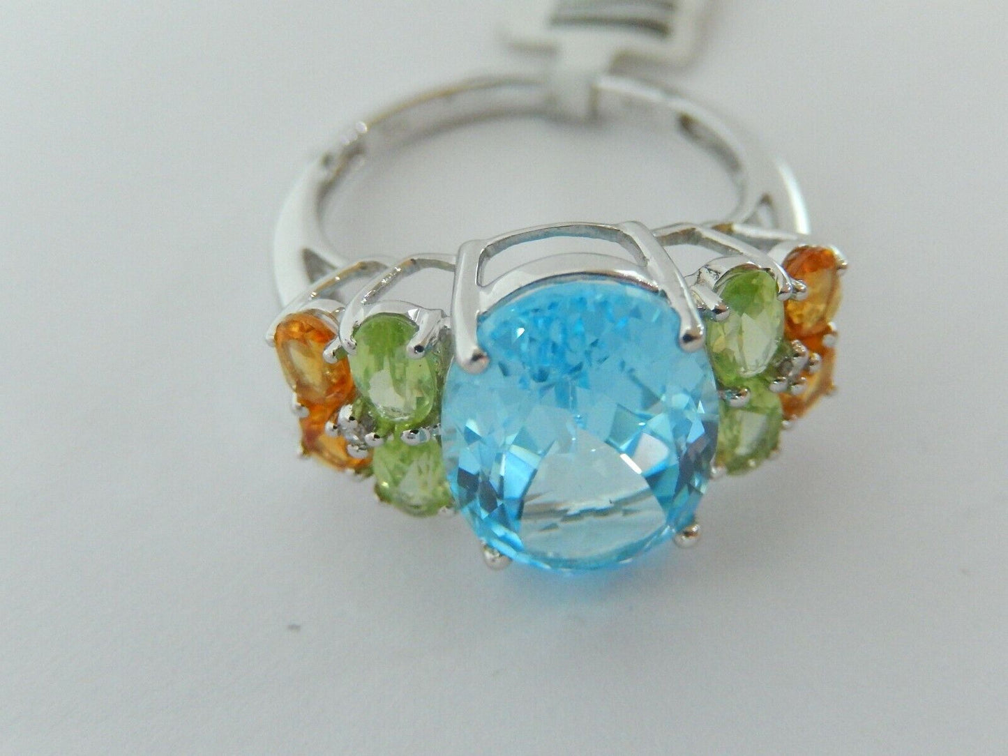 10K White Gold 8.5CT Multi Gemstones  Blue Topaz - Peridot -Citrine Ring Sz 9.25