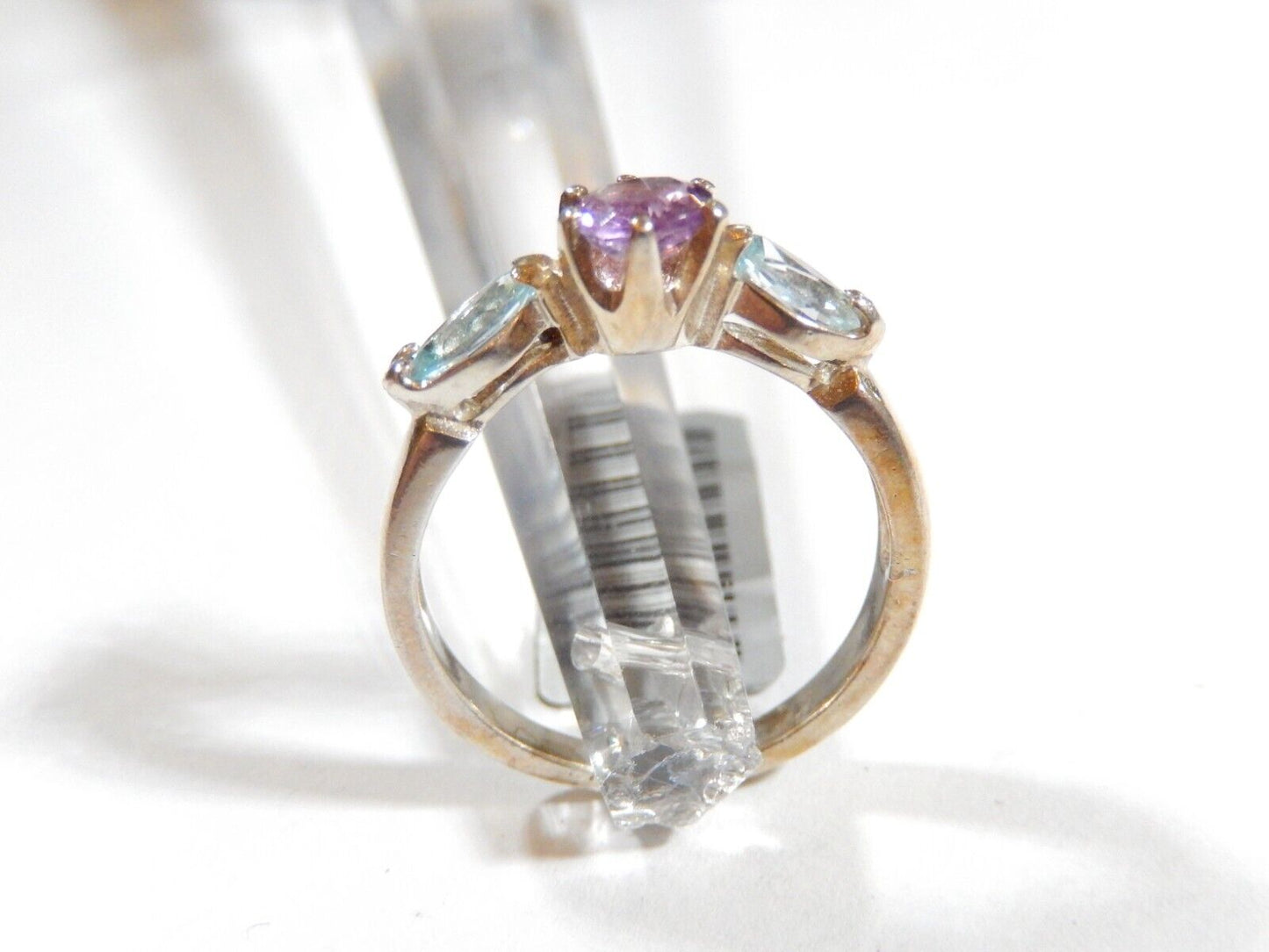 *VINTAGE*  Sterling Silver Swiss Blue Topaz & Amethyst Three Stone Ring Sz 7.75