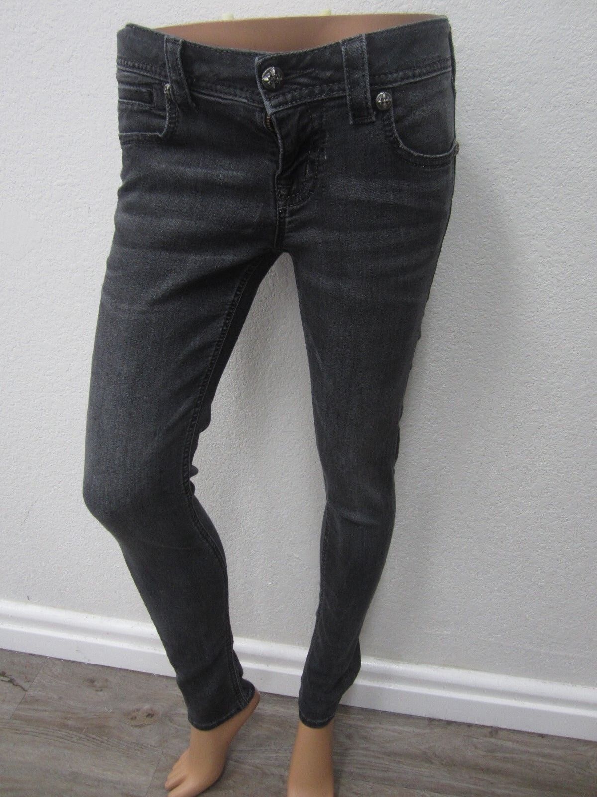 NEAR MINT Miss Me Skinny Jeans Black / Gray Fleur De Lis Pockets  Size 27 x 31