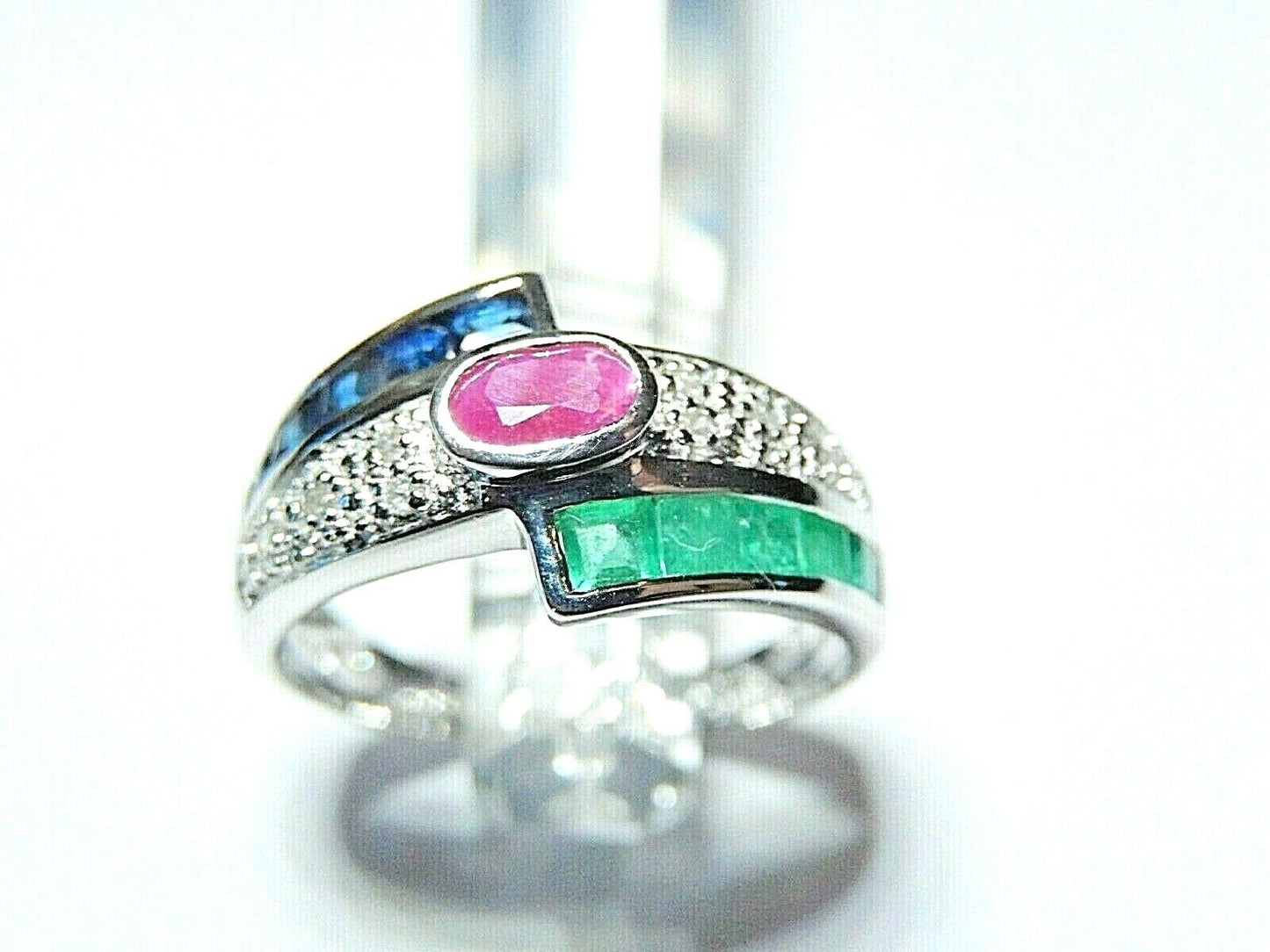 *NWT* 14K White Gold  Natural Sapphire Emerald Ruby & Diamond Ring Band Sz 6.75