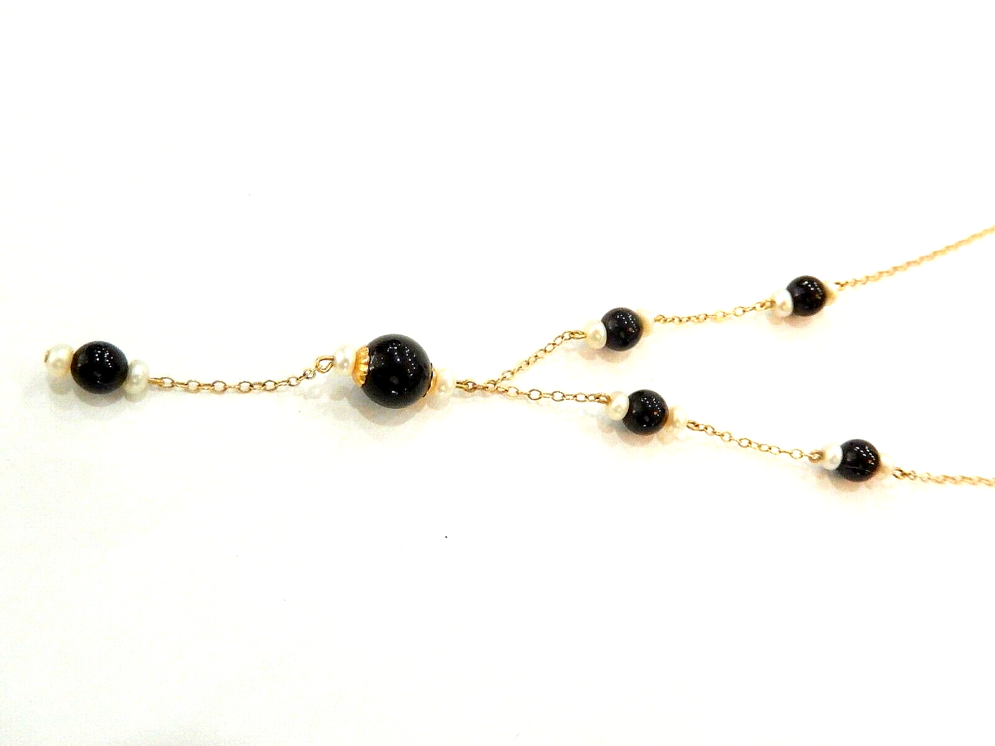 14k Yellow Gold, Black Onyx and Pearl Dangling Drop Necklace 16"