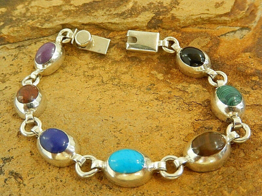 Vintage MEXICO TAXCO 925 Sterling Silver Bracelet Multi Gem Link Bracelet 7"
