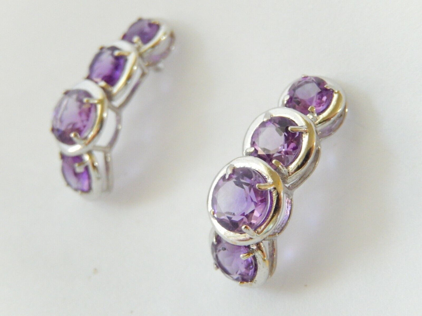 *NWT* 14K White Gold 4Ct Round Cut Amethyst Long Stud Earrings 1" x 5/16"