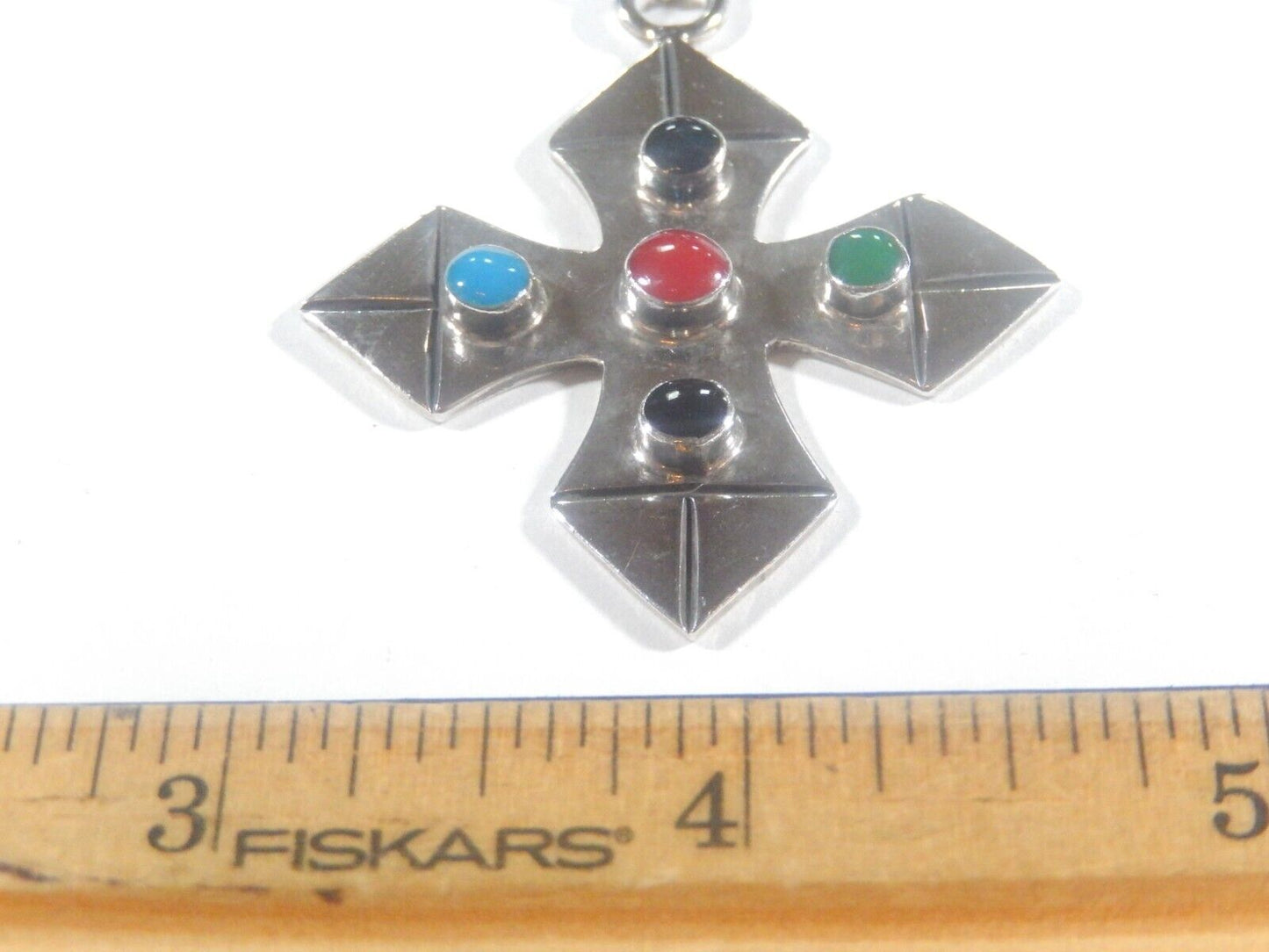 *VINTAGE*   Sterling Silver MEXICO TAXCO Multi Stone  Cross Pendant w/Lg Bail