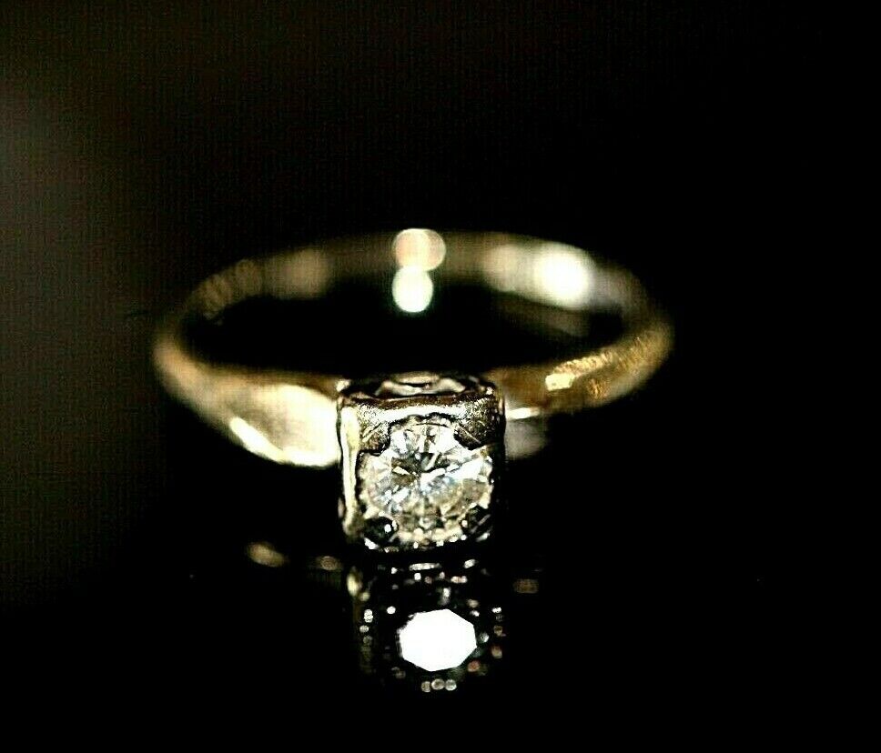 *VINTAGE*  14K White Gold  Natural Diamond Solitaire Engagement Ring Size 6