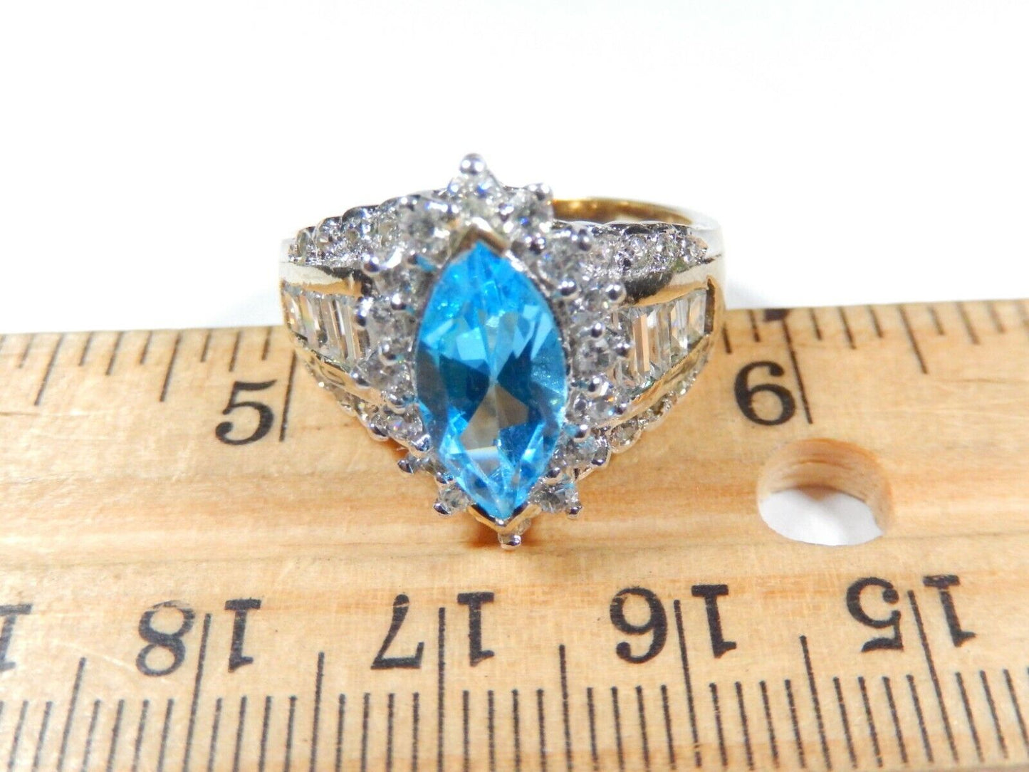 *VINTAGE* Blue Topaz & Cubic Zirconia 14k Yellow Gold Over Sterling Silver Ring