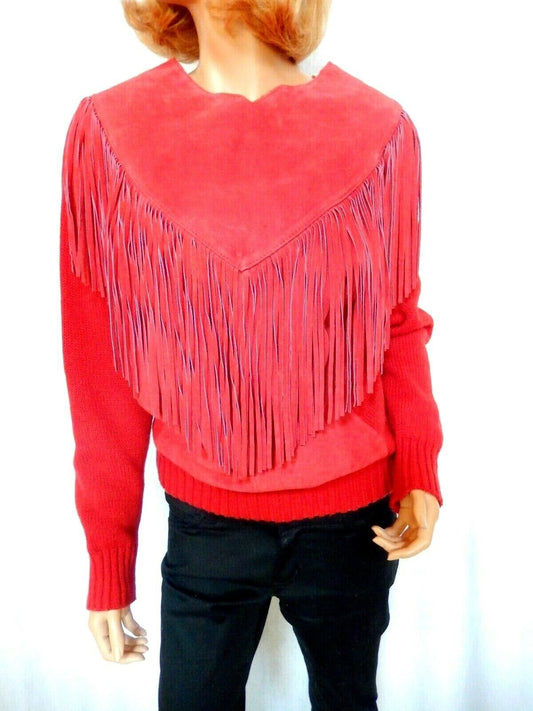 *RARE*VINTAGE PIONEER WEAR Cowgirl Red Leather Suede Fringe Sweater Womens Sz L